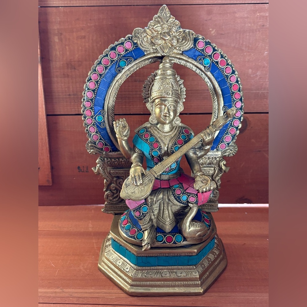 Brass & Stone Inlay Saraswati Statue 10” Stone Inlay Hindu Goddess With Swan